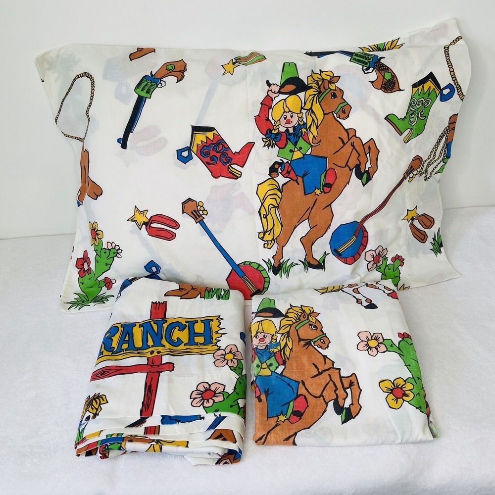 Cannon Western Cowboy Cowgirl Bar B Ranch Farm Rodeo Twin Size Sheet Set 1960's